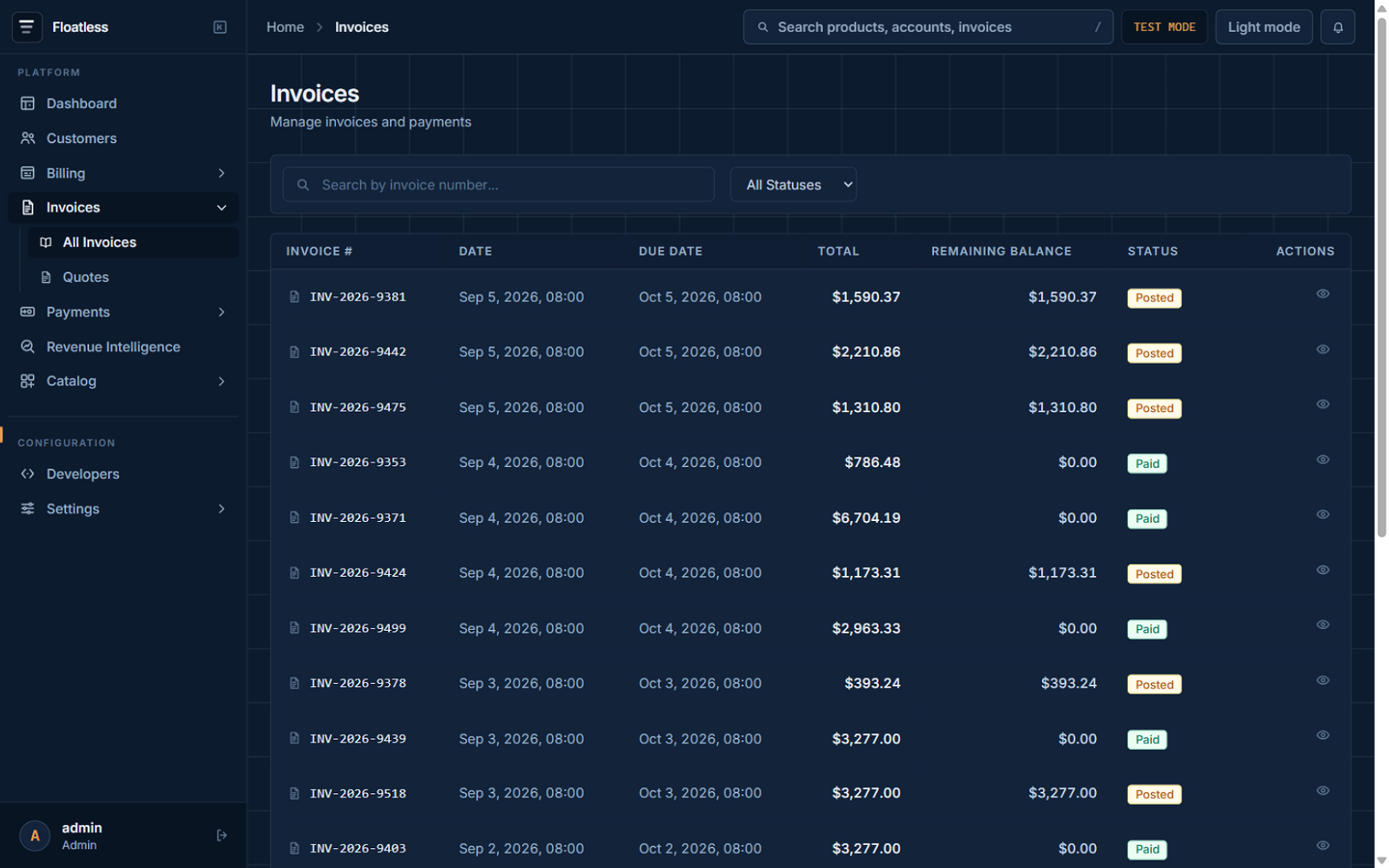 Floatless console invoice list with invoice numbers, amounts, balances, and payment states